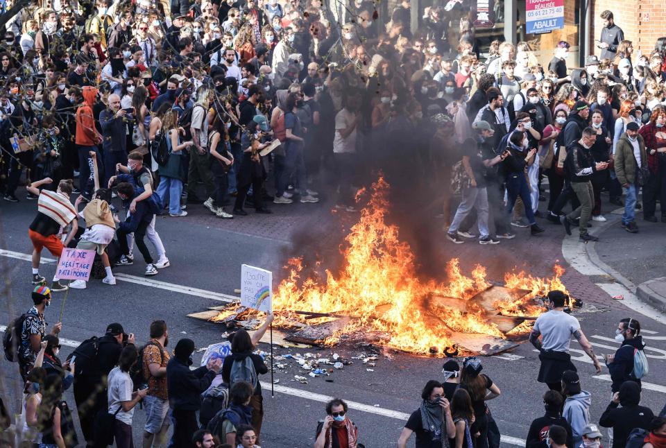 Protesters gather during a demonstration in Toulouse, southern France, on March 28, 2023.
