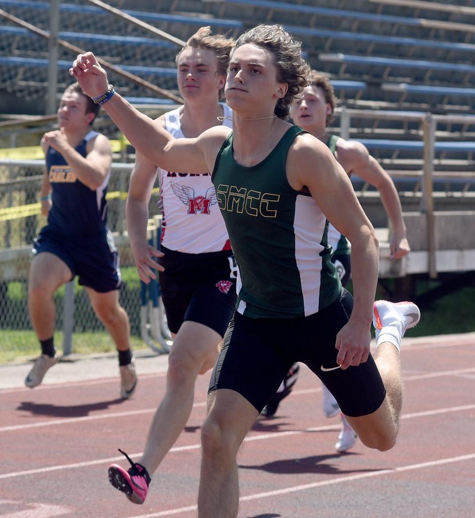 Cole Jondro of SMCC wins the 100 meter dash at the Mason Invitational Saturday.