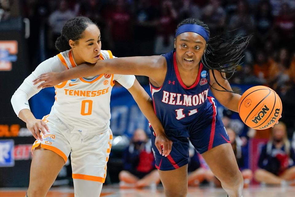 Belmont's Destinee Wells (11) drives against Tennessee's Brooklynn Miles (0) in the second round of the NCAA tournament March 21, 2022, in Knoxville, Tenn. (AP Photo/Mark Humphrey)