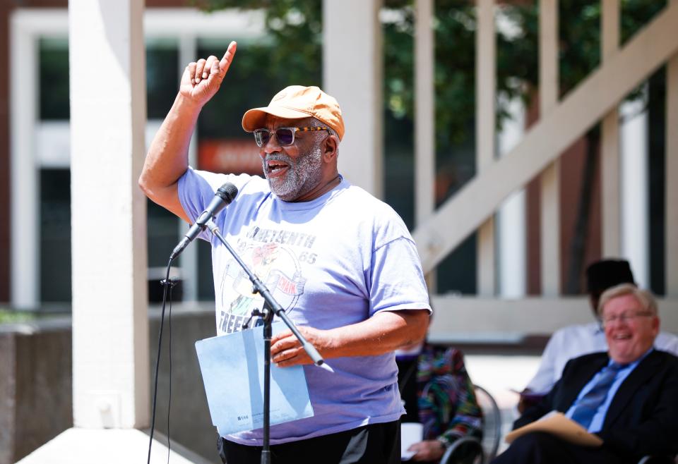 Lyle Foster speaks during a Juneteenth pilgrimage to Springfield's Park Central Square by Episcopal priests from across Missouri on Monday, June 19, 2023. The group paid respect at the historical marker for lynching victims Fred Coker, Horace Duncan, and William Allen.