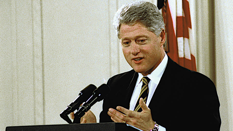 American politician US President Bill Clinton speaks during a press conference in the East Room of the White House, Washington DC, January 11, 1996. (Mark Reinstein/Corbis via Getty Images)