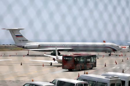 An airplane with the Russian flag is seen at Simon Bolivar International Airport in Caracas