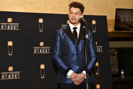 Feb 2, 2019; Atlanta, GA, USA; Most Valuable Player winner Patrick Mahomes of the Kansa City Chiefs during media availabilities for the NFL Honors show at the Fox Theatre. Mandatory Credit: Dale Zanine-USA TODAY Sports