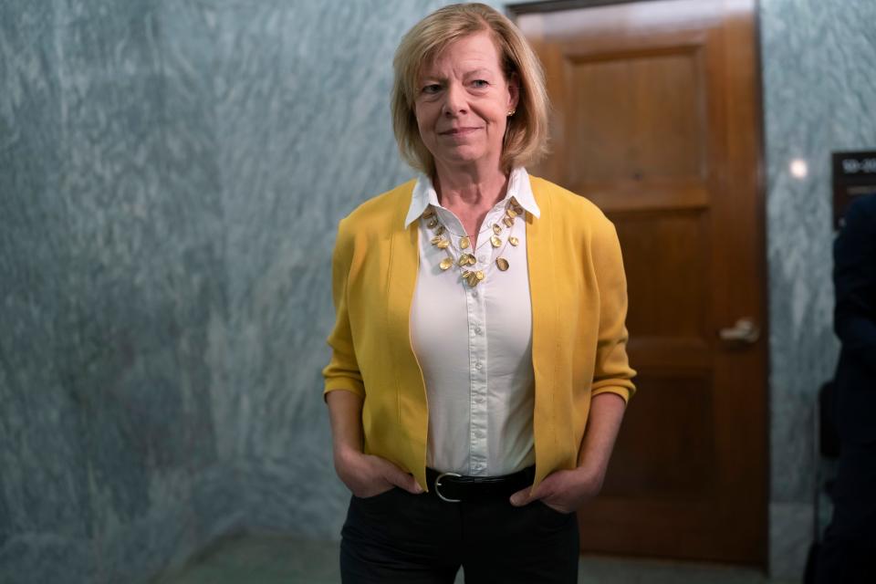 In this file photo, Sen. Tammy Baldwin, D-Wis., talks to reporters after a private meeting with Supreme Court nominee Ketanji Brown Jackson at the Capitol in Washington, March 28, 2022.  Baldwin, who is the first openly gay senator and has been working on gay rights issues since she first entered state politics in 1986, says the “world has changed,” especially since the Supreme Court’s 2015 Obergefell v. Hodges decision upholding gay marriage.