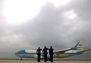 <p>Military personnel salute as Air Force One, with President Obama aboard, departs Andrews Air Force Base, Md., June 16, 2016, en route to Orlando, Fla. (AP/Jose Luis Magana) </p>