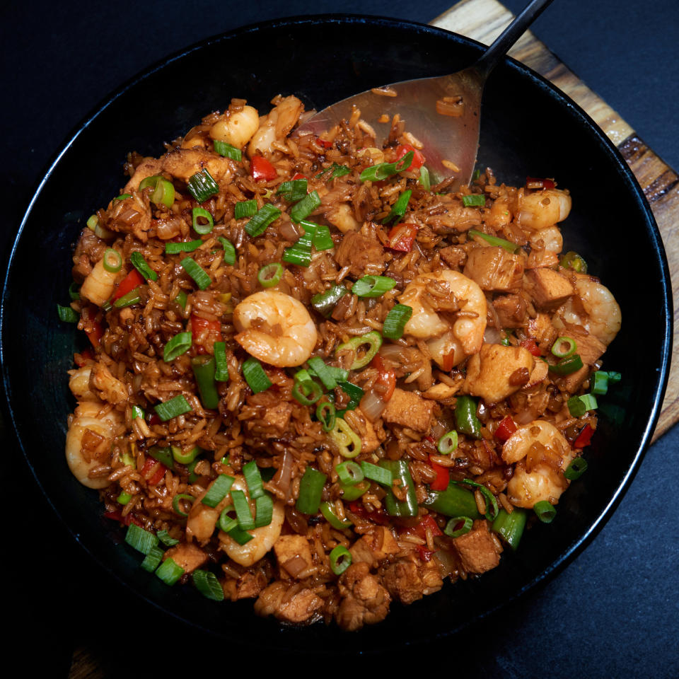 A skillet of shrimp fried rice.