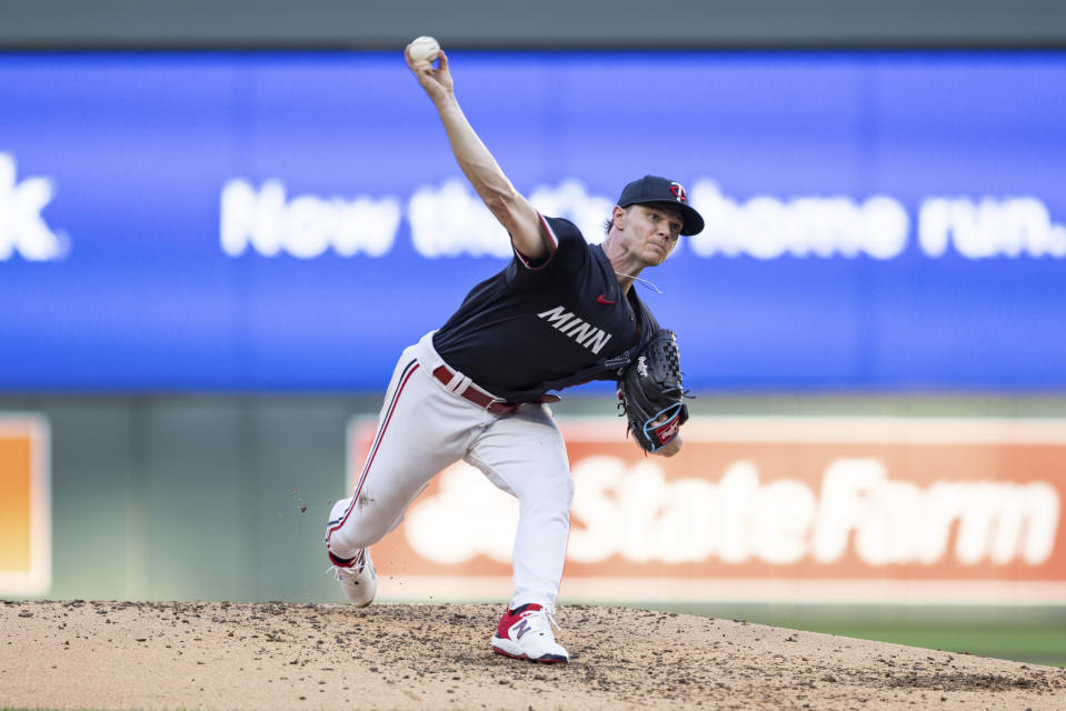 Minnesota Twins starting pitcher Sonny Gray delivers a pitch to a Pittsburgh Pirates batter in during the fourth inning of a baseball game Saturday, Aug. 19, 2023, in Minneapolis. (AP Photo/Bailey Hillesheim)