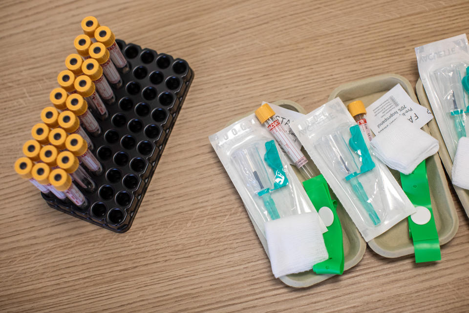 Equipment used to take blood samples sits on a table at a antibody testing program. (AP)