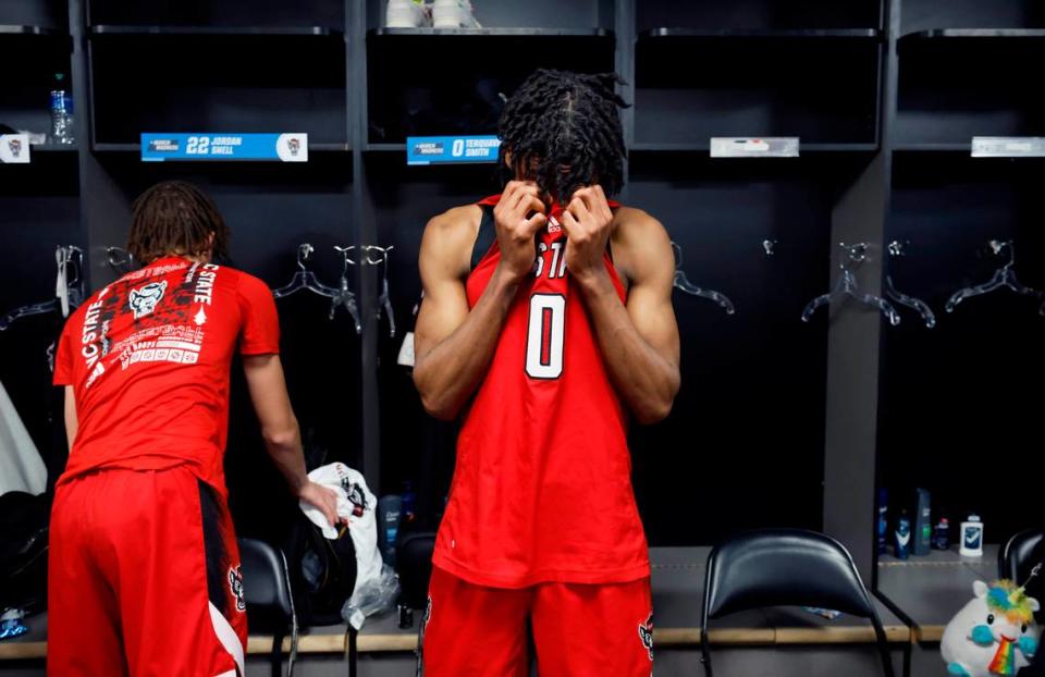 N.C. State’s Terquavion Smith (0) stands in front of his locker after Creighton’s 72-63 victory over N.C. State in the first round of the NCAA Tournament at Ball Arena in Denver, Colo., Friday, March 17, 2023. Ethan Hyman/ehyman@newsobserver.com