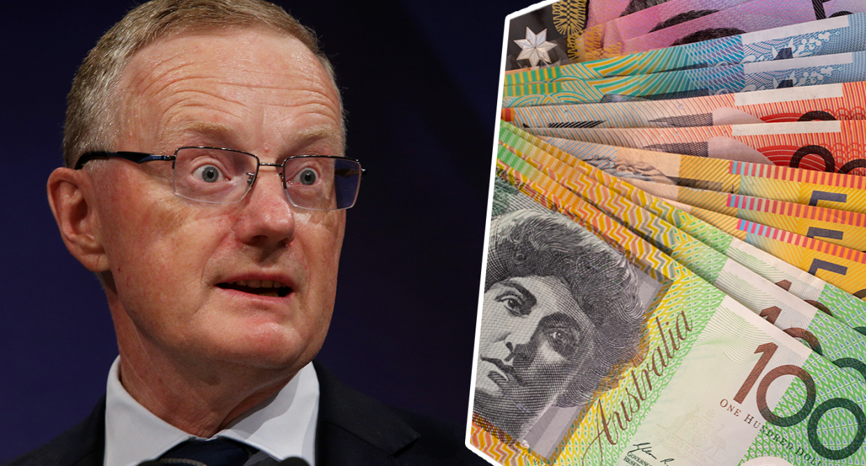 A composite image of RBA governor Philip Lowe and Australian money.