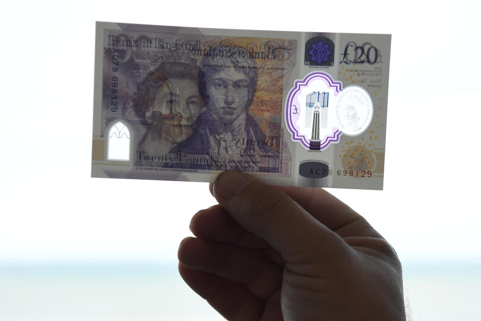 MARGATE, ENGLAND - OCTOBER 10: A detail view of some of the artwork detailing on a large scale sample of the new twenty pound note during the launch event at the Turner Contemporary gallery on October 10, 2019 in Margate, England. The new twenty pound note will be made of polymer rather than paper, also the current portrait of scottish economist Adam Smith on the obverse, will be replaced with one of english artist J.M.W Turner. The new note will start to enter circulation in 2020 as the older note is gradually phased out. (Photo by Leon Neal - WPA Pool/Getty Images)