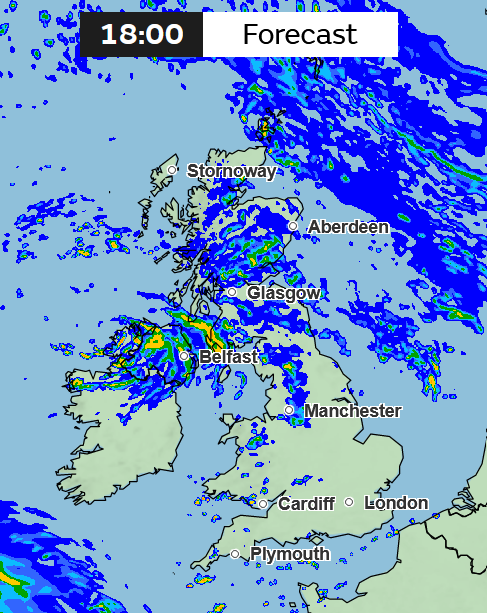 Rainfall forecast for 6pm on Friday. (Met Office)