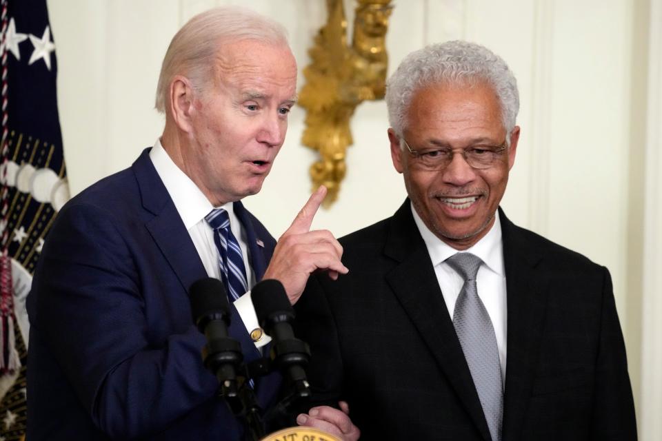 President Joe Biden speaks next to Ted Blunt at an event to celebrate Black History Month, Monday, Feb. 27, 2023, in the East Room of the White House in Washington.