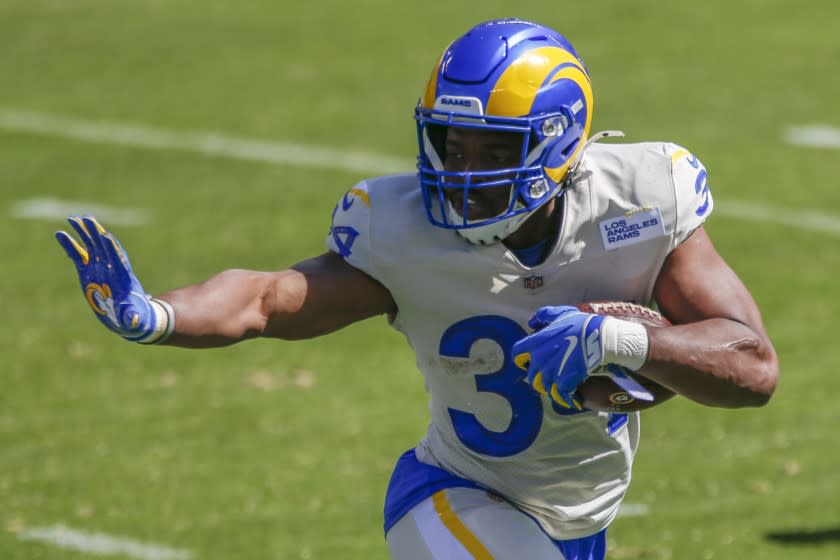 Los Angeles Rams running back Malcolm Brown (34) in action during an NFL football game against the Philadelphia Eagles, Sunday, Sept. 20, 2020, in Philadelphia. (AP Photo/Laurence Kesterson)