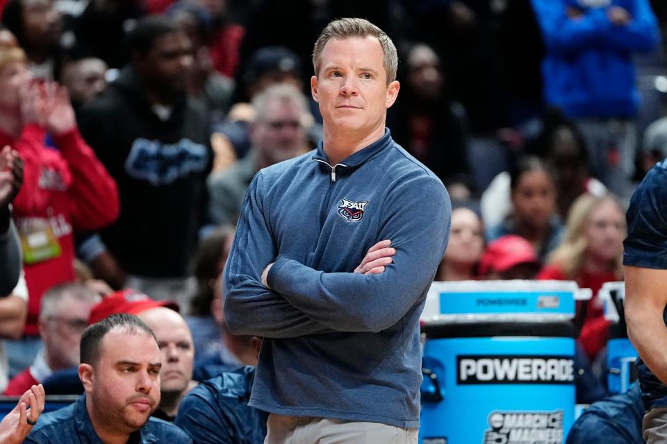 Florida Atlantic coach Dusty May watches his team play Fairleigh Dickinson during the second round of the 2023 NCAA Tournament at Nationwide Arena. His Owls won 78-70.