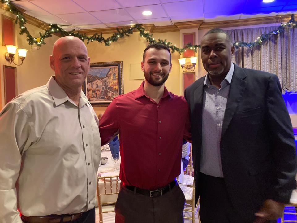 Former Rutgers players Rick and Jake Dadika and former Seton Hall player Bryan Caver at the 2022 RU-SHU Hoops Banquet