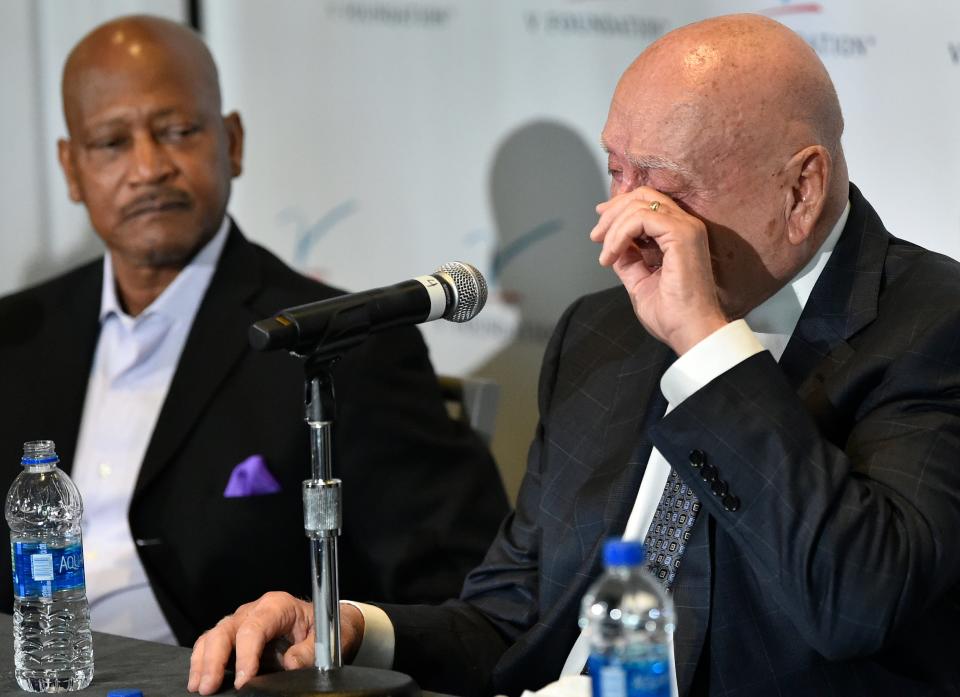 Dick Vitale had a bet with his wife Lorraine that he wouldn't cry during his 17th Annual Dick Vitale Gala's during a press conference at The Ritz-Carlton, Sarasota, on Friday, May 6, 2022. To his left, Rod Gilmore who received the V Foundation John Saunders Courage Award.