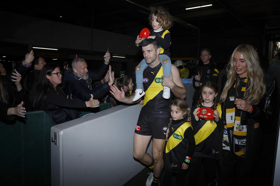 MELBOURNE, AUSTRALIA - AUGUST 19: Trent Cotchin of the Tigers leaves the field after playing his final game during the round 23 AFL match between Richmond Tigers and North Melbourne Kangaroos at Melbourne Cricket Ground, on August 19, 2023, in Melbourne, Australia. (Photo by Daniel Pockett/Getty Images)