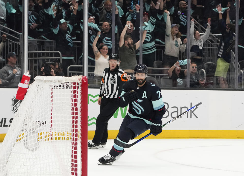 Seattle Kraken right wing Jordan Eberle reacts after scoring an empty-net goal against the Dallas Stars during the third period of Game 6 of an NHL hockey Stanley Cup second-round playoff series, Saturday, May 13, 2023, in Seattle. The Kraken won 6-3. (AP Photo/Lindsey Wasson)