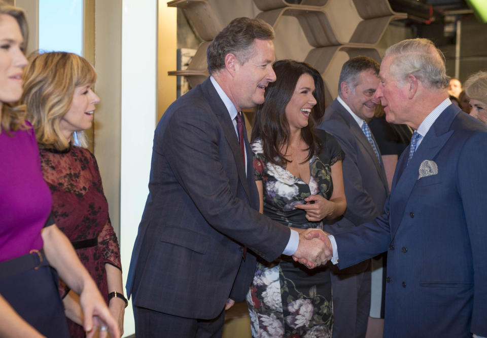 The Prince of Wales meets Piers Morgan during a visit to the London Television Centre, Lambeth, to celebrate the 90th anniversary of the Royal Television Society.