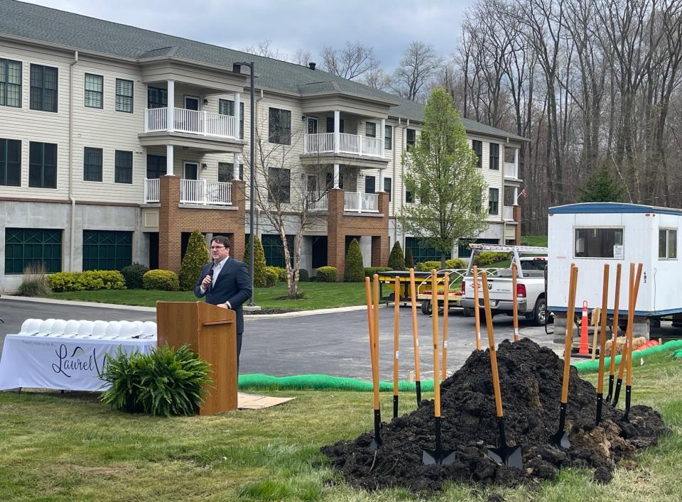 Tim Mock, CEO of Laurel View Village, offers remarks at the groundbreaking for the new townhome construction project.