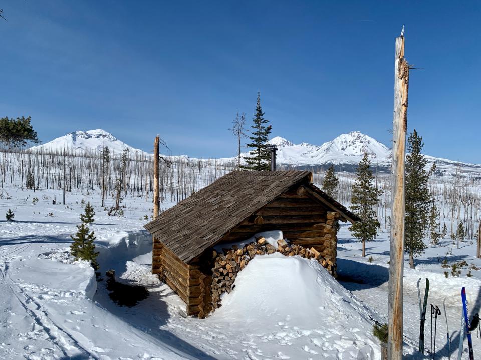 The Three Sisters can be seen from Jefferson View Shelter near Upper Three Creek Sno-Park near Sisters in Deschutes National Forest.