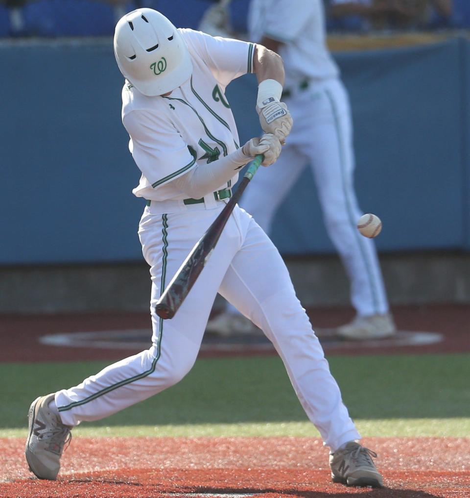 Wall High School's Gunnar Dillard makes contact on a pitch during the District 6-3A championship against Jim Ned at Angelo State University's Foster Field at 1st Community Credit Union Stadium on Monday, May 2, 2022.