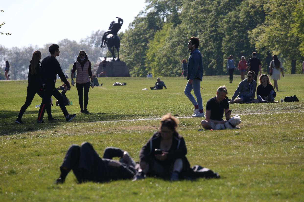 People walking and relaxing in Kensington Gardens, London, as the UK continues in lockdown to help curb the spread of the coronavirus. (Photo by Jonathan Brady/PA Images via Getty Images)