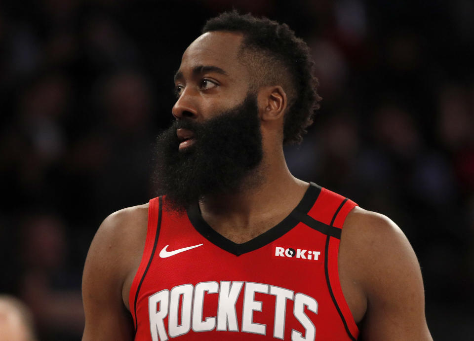 NEW YORK, NEW YORK - MARCH 02: (NEW YORK DAILIES OUT)  James Harden #13 of the Houston Rockets in action against the New York Knicks at Madison Square Garden on March 02, 2020 in New York City. The Knicks defeated the Rockets 125-123. NOTE TO USER: User expressly acknowledges and agrees that, by downloading and or using this photograph, User is consenting to the terms and conditions of the Getty Images License Agreement. (Photo by Jim McIsaac/Getty Images)