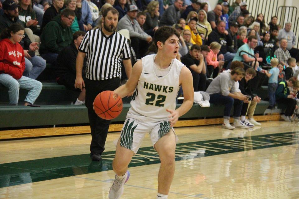 Woodward-Granger's Ethan Moats looks to pass the ball during a game against Madrid on Friday, Dec. 9, 2022, in Woodward.