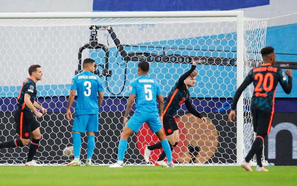 Chelsea's Timo Werner celebrates scoring their first goal with team-mates. - REUTERS