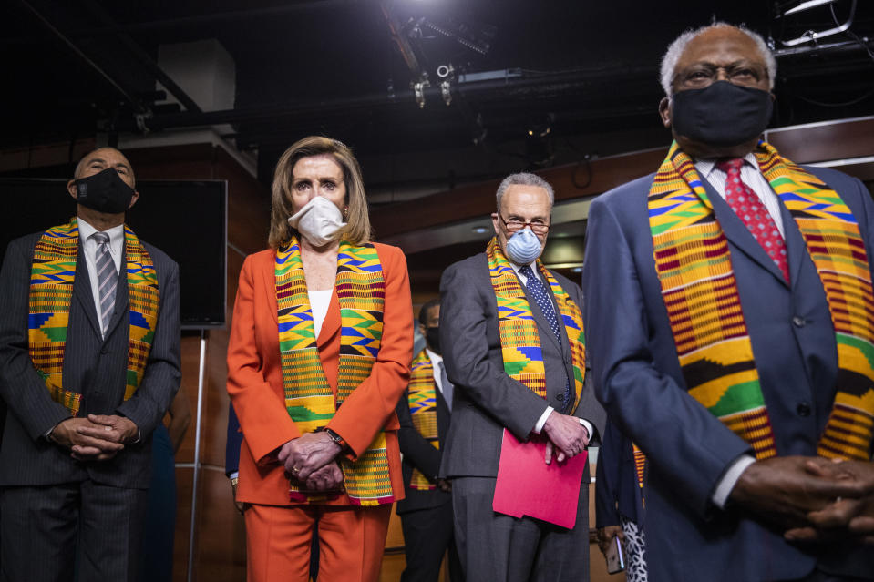 From left; Rep. Lacy Clay, D-Mo., House Speaker Nancy Pelosi of Calif., Senate Minority Leader Chuck Schumer, D-N.Y., and House Majority Whip James Clyburn of S.C., listen to questions from reporters during a news conference to unveil policing reform and equal justice legislation on Capitol Hill, Monday, June 8, 2020, in Washington. (AP Photo/Manuel Balce Ceneta)