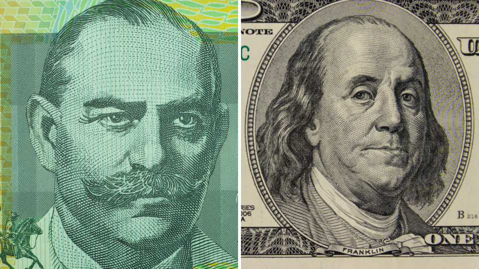 The face on the Australian $100 note and the face on the US $100 note to represent the different inflation pressures.