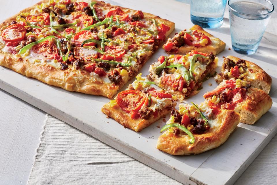 Sheet Pan Pizza with Corn, Tomatoes, and Sausage