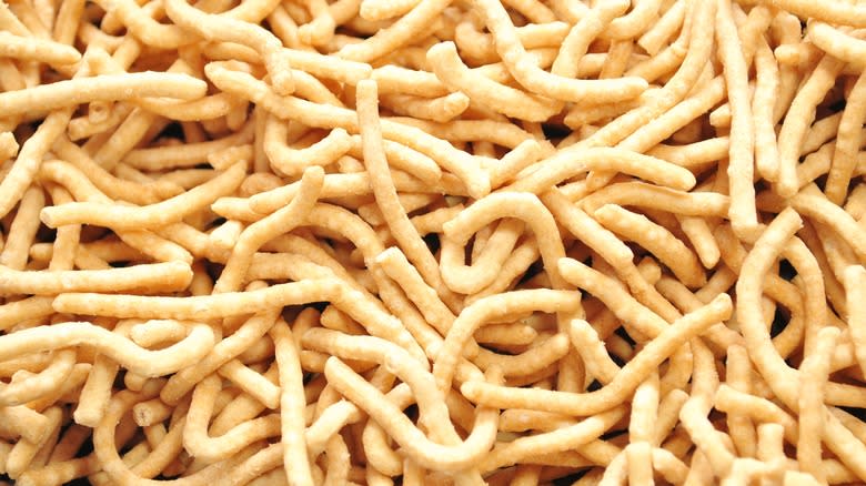 Close up of crunchy fried chow mein noodles