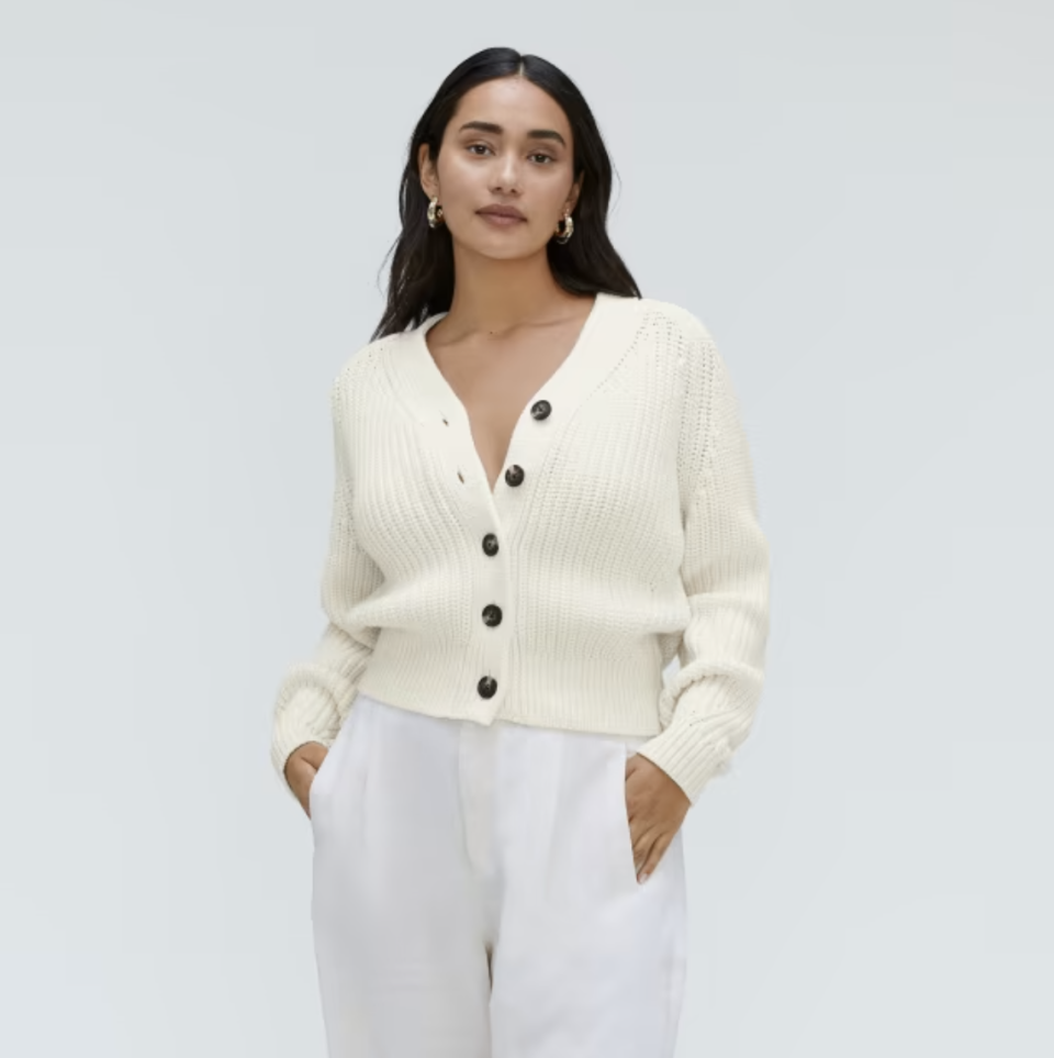 The Texture Cotton Cardigan in canvas (Photo via Everlane)