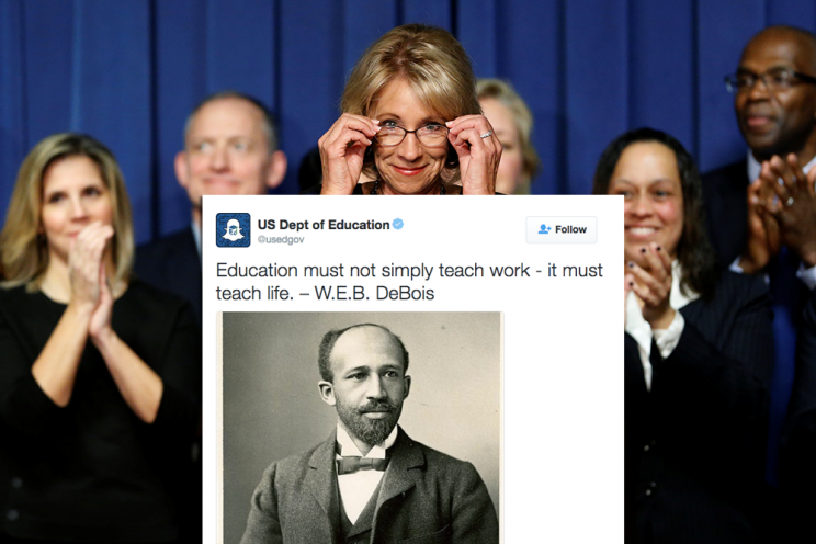 DeVos and the misspelled tweet. (DeVos: Jonathan Ernst/Reuters; illustration by Yahoo News)