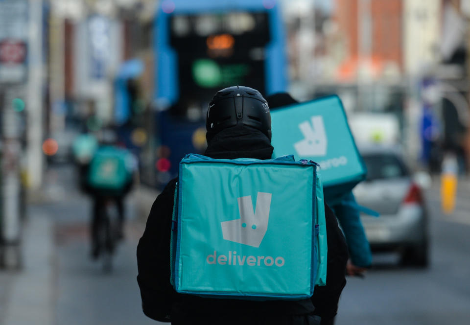 DUBLIN, IRELAND - 2021/02/13: Deliveroo couriers seen in Dublin city center, during the COVID-19 pandemic lockdown.
Level 5 lockdown restrictions are set to be extended by Irish Government, by at least another six weeks with only schools and the construction sector likely to be allowed to reopen before Easter. (Photo by Cezary Kowalski/SOPA Images/LightRocket via Getty Images)