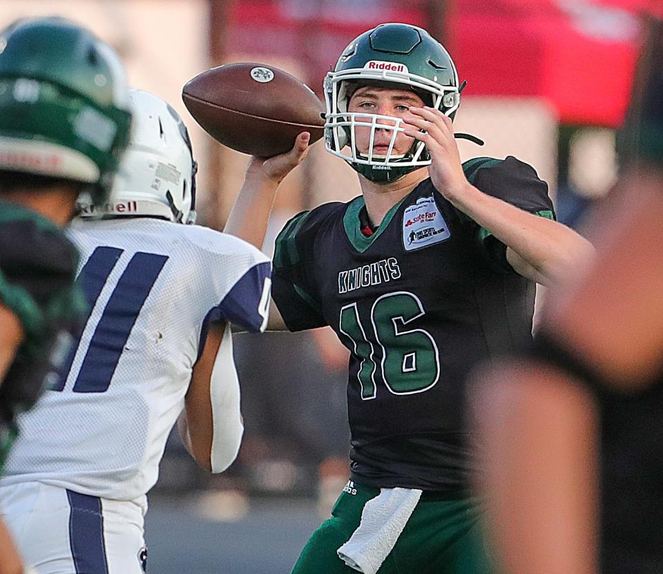 Nordonia quarterback Joey Palinkas looks for an open receiver during the first quarter against Twinsburg on Friday, Sept. 16, 2022 in Macedonia.