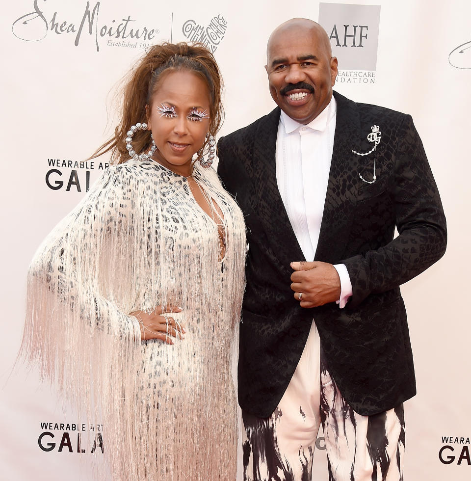 SANTA MONICA, CA - JUNE 01:  Steve Harvey and Marjorie Elaine Harvey arrive at the WACO Theater Center's 3rd Annual Wearable Art Gala at The Barker Hangar at Santa Monica Airport on June 1, 2019 in Santa Monica, California.  (Photo by Gregg DeGuire/Getty Images)