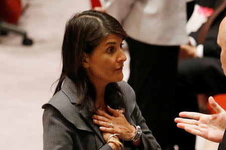 U.S. Ambassador to the United Nations Nikki Haley speaks before a Security Council vote on an Arab-backed resolution for protection of Palestinian civilians during a Security Council meeting at U.N. headquarters in Manhattan, New York, U.S., June 1, 2018. REUTERS/Shannon Stapleton