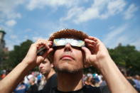 <p>A man checks out the total solar eclipse wearing eclipse glasses in Union Square, New York City, on Aug. 21, 2017. (Gordon Donovan/Yahoo News) </p>