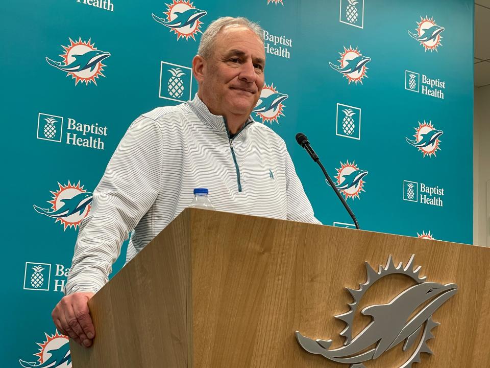 New Dolphins defensive coordinator Vic Fangio addresses the media Monday.