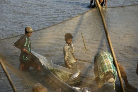 A child uses a fishing net as he and others work at a fish farm in Htantapin township, outside Yangon, Myanmar February 18, 2016. REUTERS/Soe Zeya Tun