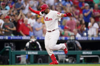 Philadelphia Phillies' Darick Hall reacts after hitting a home run against St. Louis Cardinals pitcher Miles Mikolas during the sixth inning of a baseball game, Friday, July 1, 2022, in Philadelphia. (AP Photo/Matt Slocum)