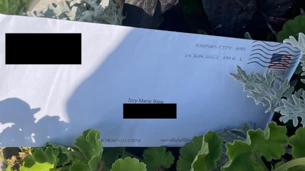 PHOTO: In this image posted to her Facebook account, Kansas state Rep. Tory Marie Blew shows a suspicious letter that was sent to her. (Rep. Tory Marie Blew/Facebook)