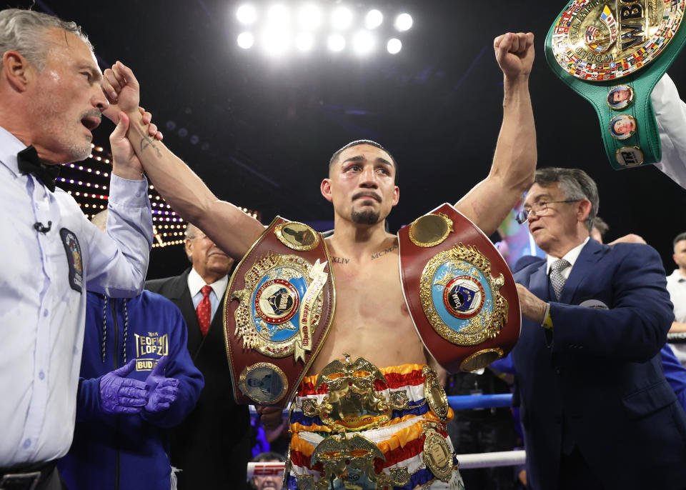 NEW YORK, NEW YORK - JUNE 10: Teofimo Lopez celebrates after defeating Josh Taylor, during their WBO junior welterweight championship fight at The Hulu Theater at Madison Square Garden on June 10, 2023 in New York City. (Photo by Mikey Williams/Top Rank Inc via Getty Images)