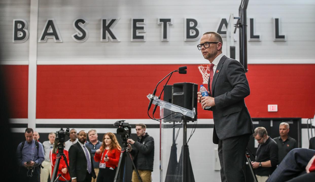 Louisville Basketball coach Pat Kelsey speaks as he is introduced as the new head coach of UofL Mens’s Basketball on Thursday, March 28, 2024