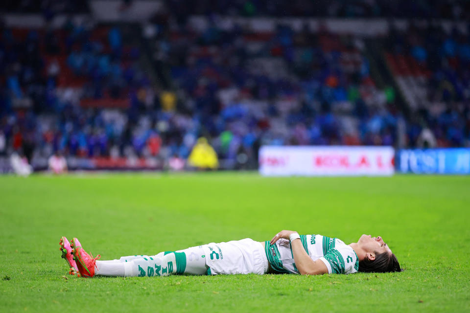 MEXICO CITY, MEXICO - MAY 30: Alan Cervantes of Santos Laguna lies on the grass during the Final second leg match between Cruz Azul and Santos Laguna as part of Torneo Guard1anes 2021 Liga MX at Azteca Stadium on May 30, 2021 in Mexico City, Mexico. (Photo by Hector Vivas/Getty Images)