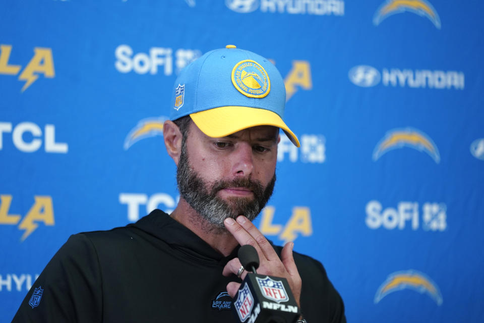 Los Angeles Chargers head coach Brandon Staley speaks during a news conference following an NFL football game against the Kansas City Chiefs Sunday, Oct. 22, 2023, in Kansas City, Mo. The Chiefs won 31-17. (AP Photo/Ed Zurga)